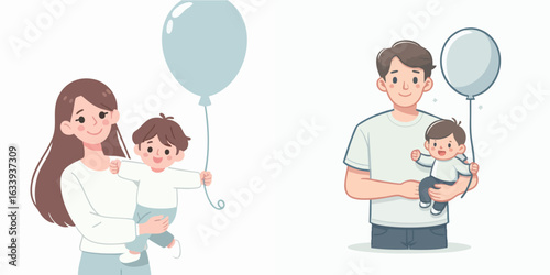 Cute Cartoon Father and Mother Holding Baby with Balloon Illustration