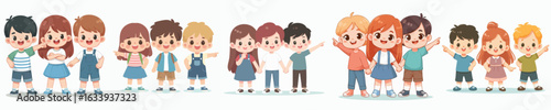 Cartoon Cheerful Group of Children Standing Together Illustration Graphic Asset