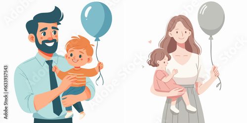 Flat Illustration Father and Mother Holding Their Child with Balloon