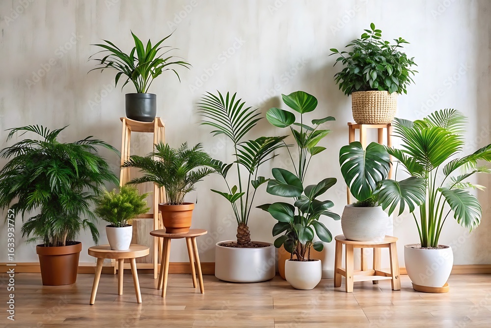 Obraz premium A variety of lush green houseplants displayed on wooden stands against a textured wall