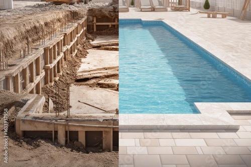 A split image showing a swimming pool under construction on the left and the completed, filled pool on the right