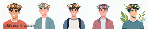 Cartoon Style Diverse Young Man Portraits with Flower Crown Collection