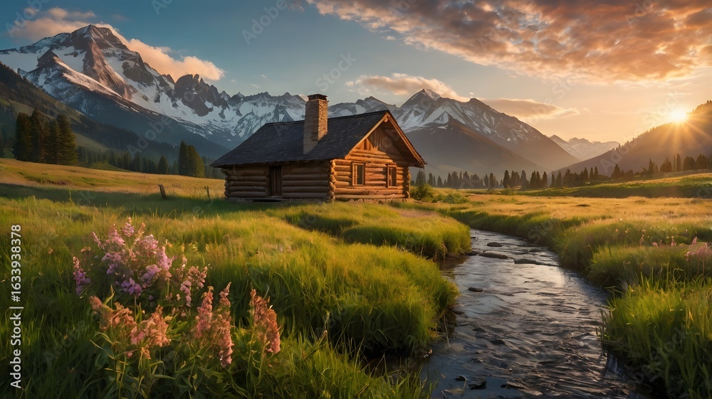 Obraz premium mountain landscape and a hut in the morning