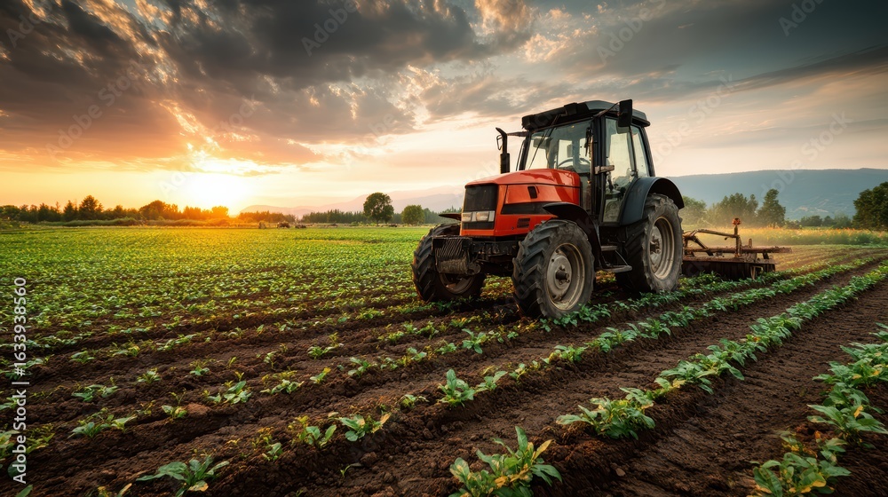 Fototapeta premium A red tractor works on a lush green field at sunset, preparing the soil for crops under a dramatic sky with clouds and sunlight