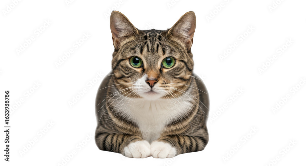 Fototapeta premium Striking tabby cat with intense green eyes posed against a black background