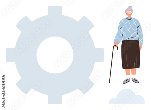 Elderly woman with cane represents aging or care next to a large gear and cloud. Ideal for senior care, support systems, health, lifestyle, innovation, technology, teamwork. A simple flat metaphor