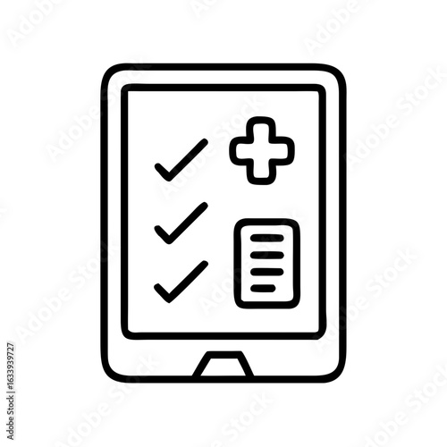 Line icon of a tablet displaying health checklists and medical symbols, representing digital self-assessment and telehealth monitoring.

