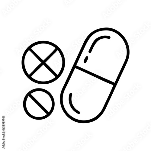 Line icon showing a large capsule and round tablets, representing medicine, supplements, and pharmaceutical treatment.
