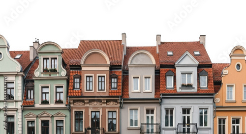 Colorful historic european townhouses with ornate architecture against a black background