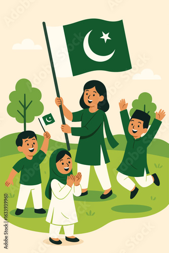 Happy Pakistani Children Waving Flags on Independence Day - Vector Illustration