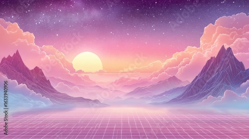 A surreal, retro-futuristic landscape with neon mountains, a glowing sun, grid lines, and a dreamy, colorful sky filled with stars and clouds