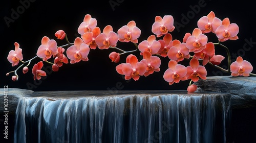 A delicate branch of pink orchids stretches above a cascading waterfall, set against a dark, serene background.