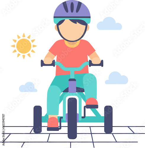 Colorful flat illustration of a faceless child with a purple helmet riding a teal tricycle.