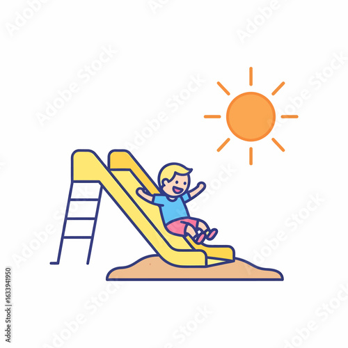 Joyful child sliding down a yellow playground slide under a bright sun.