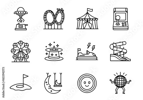 Amusement Park Vector Icon Set | Adjustable Line Weight | Roller coaster, circus tent, arcade, UFO, bumper car, water slide, disco ball icons