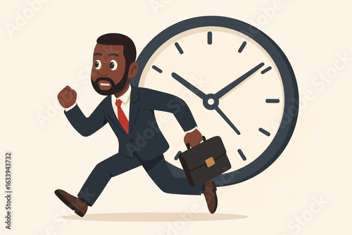 African American businessman rushing with briefcase in front of large clock, deadline pressure, time management, punctuality, urgent business, stress, late office worker, vector illustration