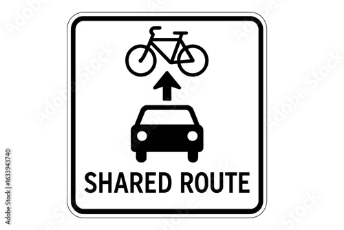 Shared Route Traffic Sign Vector, Bicycle and Car Road Symbol, Urban Street Transportation Safety Notice, Bike Car Shared Lane, Commuter Warning, Black and White Stock Illustration