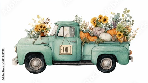 Watercolor illustration of a teal vintage truck filled with fall harvest