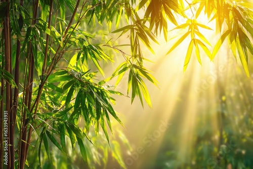 Sunlight streams through lush bamboo leaves