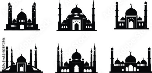 Collection of Islamic mosque silhouettes, Islamic architecture, mosque domes, minarets, Muslim worship place, cultural heritage, religious design, masjid vector, crescent symbol, holy building 