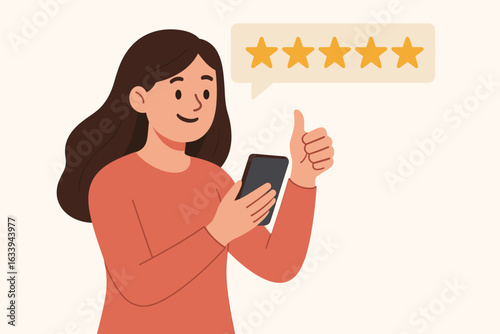 Five star business review, happy female user giving positive feedback and top rating for online service, flat vector illustration, customer satisfaction, mobile device, best ranking concept