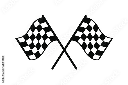 Iconic checkered flags vector illustration. Two crossed black and white racing flags. Race finish, motorsport, auto competition, car rally, symbol of victory, speed, automotive sport event concept.