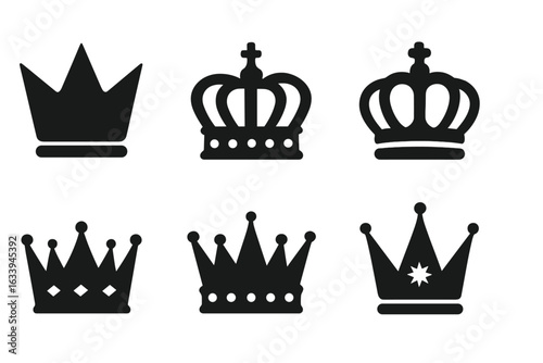Royal crown icon set silhouette collection. Black vector illustration of king, queen, prince, princess crown icons. Luxury monarchy tiara symbols. Decorative regalia, coronation emblem design