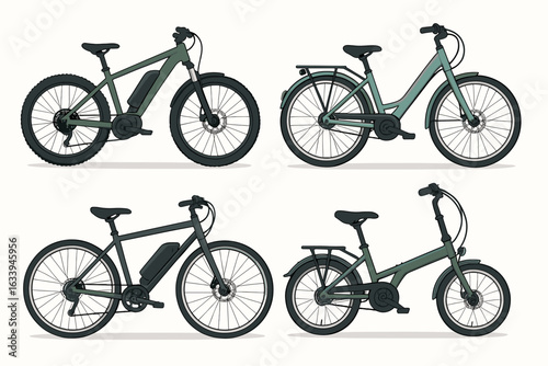 Electric bikes collection set. Vector illustration of modern urban commuter ebikes, mountain and city electric bicycles for men and women, side view, flat design, isolated on white background.