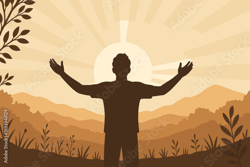 Silhouette of Man Embracing Sunrise in Nature, Spiritual Awakening, Seeking Purpose, Self-Discovery, Inner Peace, Tranquility, Mindfulness, Wellness, Personal Growth, Enlightenment, Vector Art