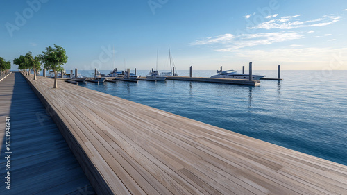 Wallpaper Mural Modern waterfront port with wooden boardwalk, docked yachts, calm sea, clear sky, peaceful Torontodigital.ca