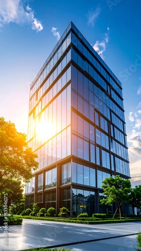 Modern skyscraper in a park setting