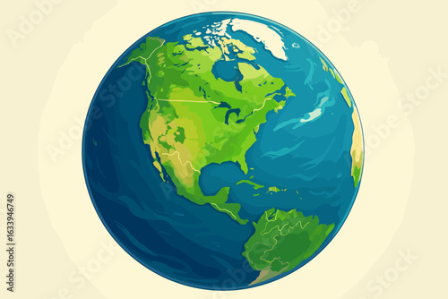 North America from Space Vector Illustration. Realistic 3D Planet Earth Globe with Detailed USA, Canada, Mexico, Atlantic Ocean, Blue Green Map, Environmental, Geography, Nature, Educational Design