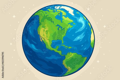 Vibrant Earth Planet Vector Illustration Showing North and South America, Realistic Cartoon Globe, USA and Americas Closeup, Blue Ocean, Green Land, Space Background, Detailed World Map Animation