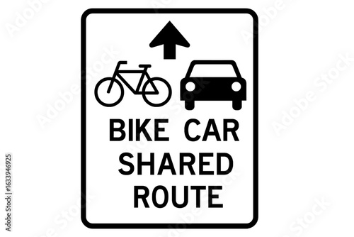 Bike and car shared road sign vector illustration. Urban traffic signage for bicycle and automobile coexistence. Transportation safety symbol. Shared lane warning. Commuting infrastructure graphics.