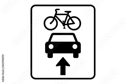 Bicycle and Car Shared Lane Road Sign Vector. Bike and Auto Shared Pathway Symbol. Transportation Safety Graphic. Commuter Traffic Illustration. Urban Route Warning. City Street Marking Design
