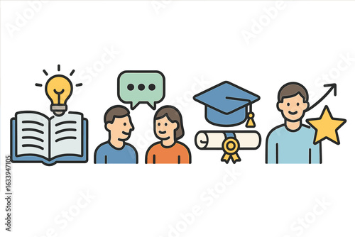 Education Collaboration Achievement Icons, Vector Cartoon Illustration. Learning, Knowledge, Communication, Graduation, Success, Student Growth, Book, Lightbulb, Diploma, Teamwork, Academic Progress.