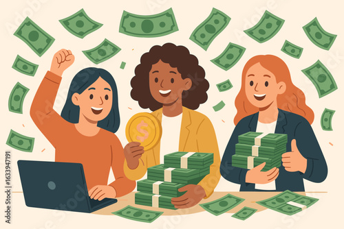 Successful women team celebrating financial success, businesswomen earning money, teamwork with cash and coin, female entrepreneurs wealth, online income, workplace diversity, flat vector concept