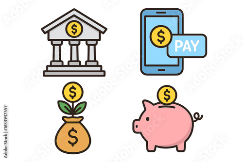 Financial Icons Set: Bank Building, Mobile Payment, Investment Growth, Piggy Bank Savings. Digital Banking, Online Finance, Money Management, Economy, Budget Planning, Vector Illustration.