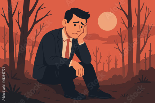 Depressed businessman laid off, unemployment crisis, worried man in suit sitting alone in autumn forest, sunset sky, economic downturn, job loss anxiety, corporate recession concept illustration