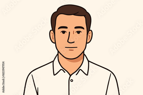 Male upper body portrait vector illustration, man with brown hair and white shirt, neutral expression, flat cartoon style, people avatar, business profile, character design, isolated background