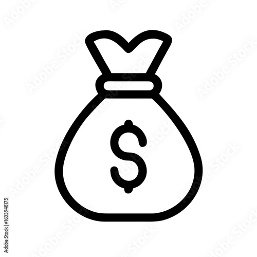A simple black and white line drawing of a money bag with a dollar sign on it in a minimalist style