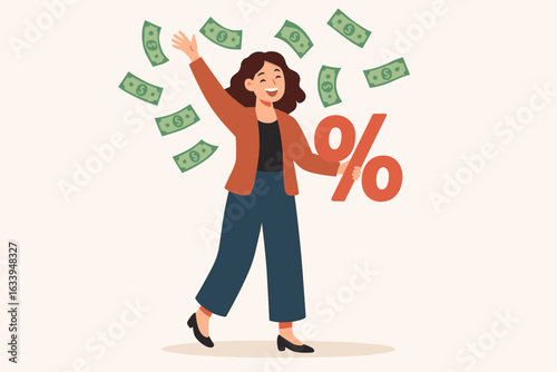 Financial success female entrepreneur standing with percentage sign, throwing cash bills, wealth management, revenue growth, investment profit, tax calculation, flat business vector concept