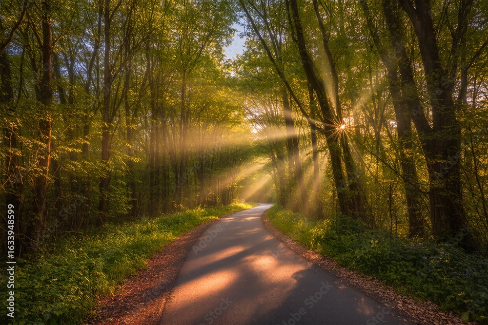 Fototapeta premium Green leaves carpet a winding country road through a foggy forest, lit by the sun's golden light