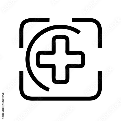 Black outlined medical cross inside a square with rounded corners and a partial circle design element