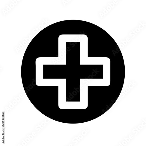 A black circle containing a bold white plus sign centered within the circular shape on a white background