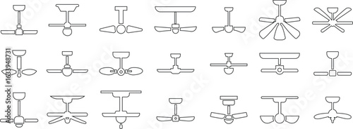 Ceiling fan icons set in trendy black outline styles ventilation vectors collection, electric air cooling symbols bundle, home appliance pictogram and fan blade rotation designs illustration.
