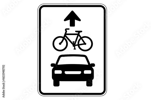Bicycle and Car Shared Lane Traffic Sign Vector, Roadway Marking, Urban Transportation, Safety Awareness, Black and White Icon, Vehicle and Bike Symbol for City Streets, Transparent Background