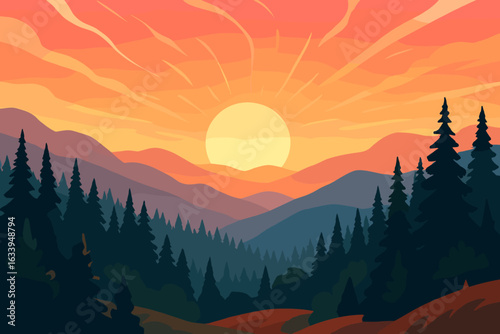 Vibrant sunrise landscape vector illustration, morning sun over mountains, colorful sky, evergreen pine forest, glowing horizon, idyllic scenic nature panorama, tranquil wilderness sunrise scene