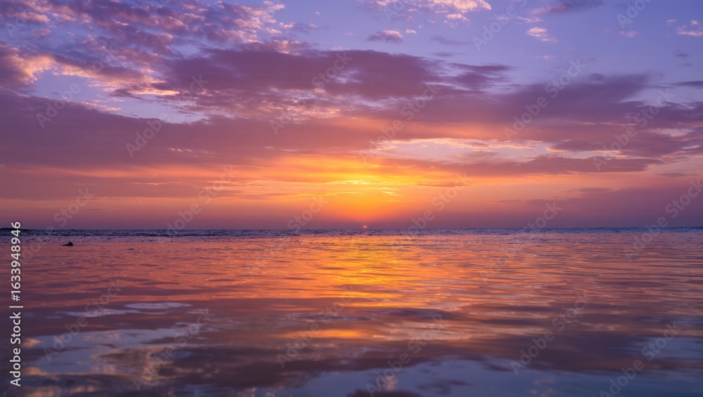 Obraz premium Beautiful, dramatic orange and red sunset over the tranquil sea with clouds and sunlight on the horizon