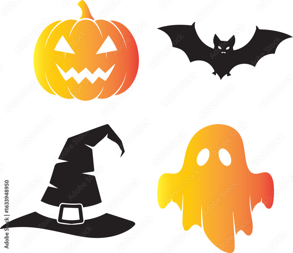 Naklejka premium Halloween elements a pumpkin, a bat, a witch hat, and a ghost, in black fill style